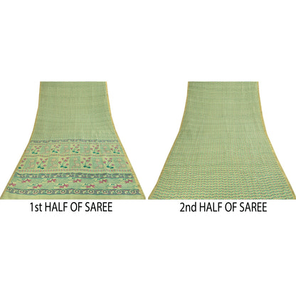 Sanskriti Vintage Sarees Green Zari Border Pure Silk Print Sari 6yd Craft Fabric