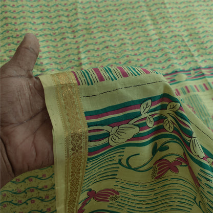 Sanskriti Vintage Sarees Green Zari Border Pure Silk Print Sari 6yd Craft Fabric