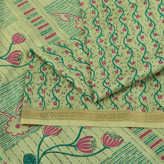 Sanskriti Vintage Sarees Green Zari Border Pure Silk Print Sari 6yd Craft Fabric