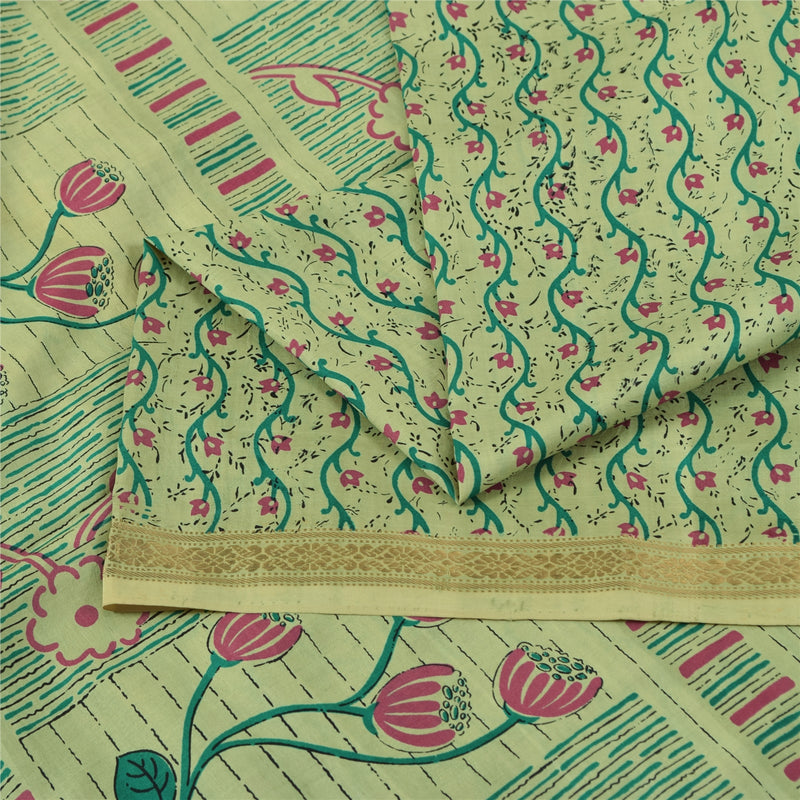 Sanskriti Vintage Sari 100% Pure Silk Saree Green Zari Border Printed 6Yd Craft Fabric Recycled Indian Silk Fabric For Designers