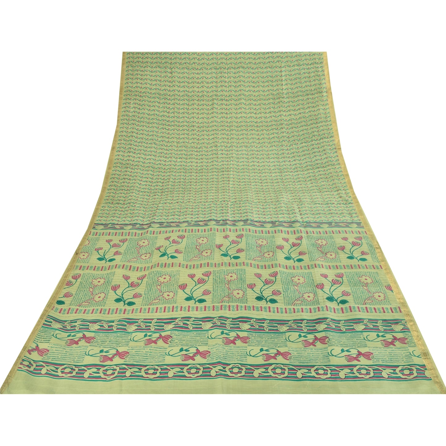Sanskriti Vintage Sarees Green Zari Border Pure Silk Print Sari 6yd Craft Fabric
