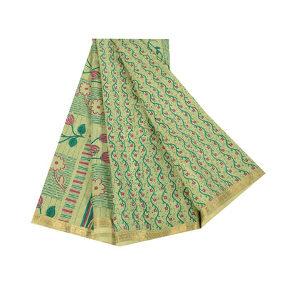 Sanskriti Vintage Sarees Green Zari Border Pure Silk Print Sari 6yd Craft Fabric