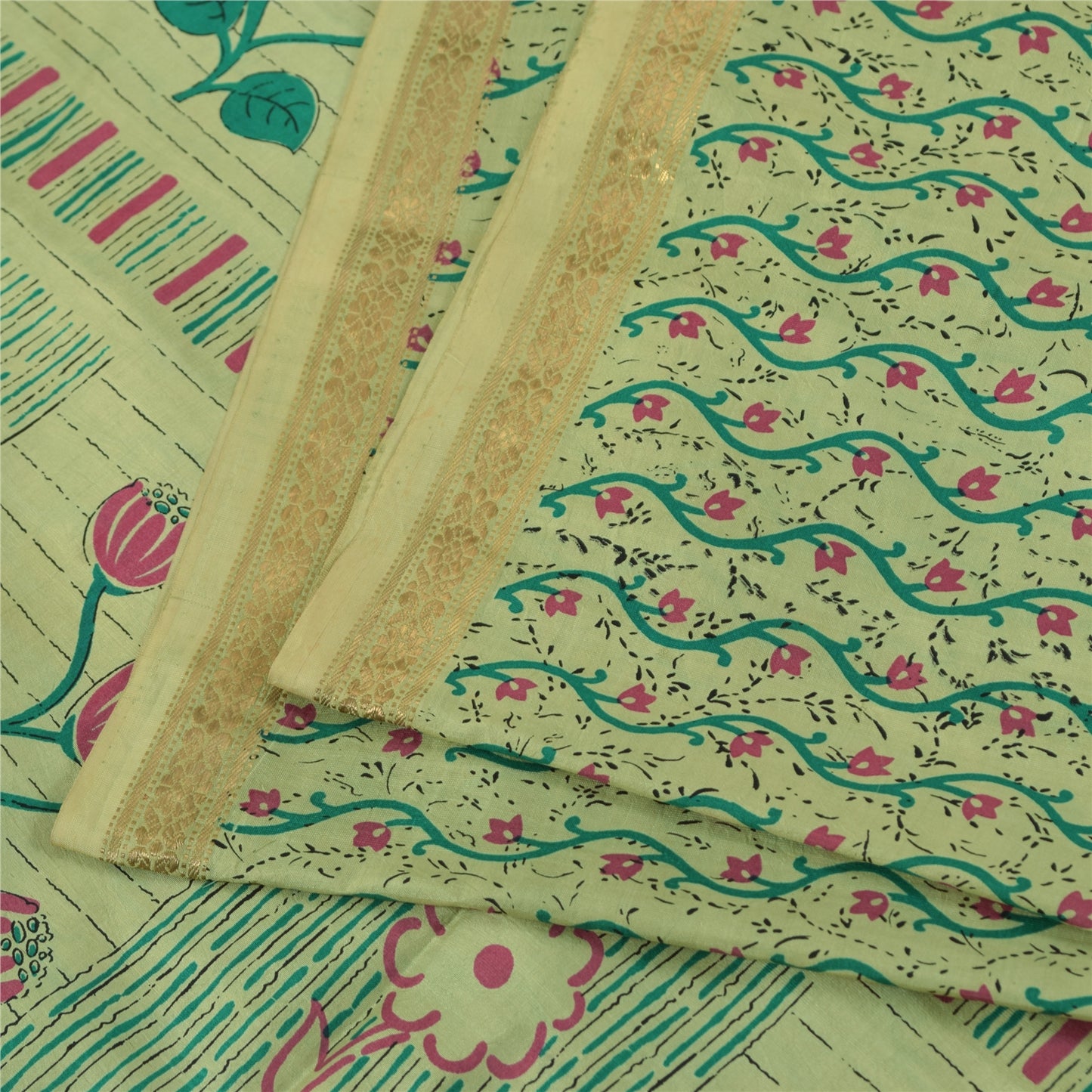 Sanskriti Vintage Sarees Green Zari Border Pure Silk Print Sari 6yd Craft Fabric
