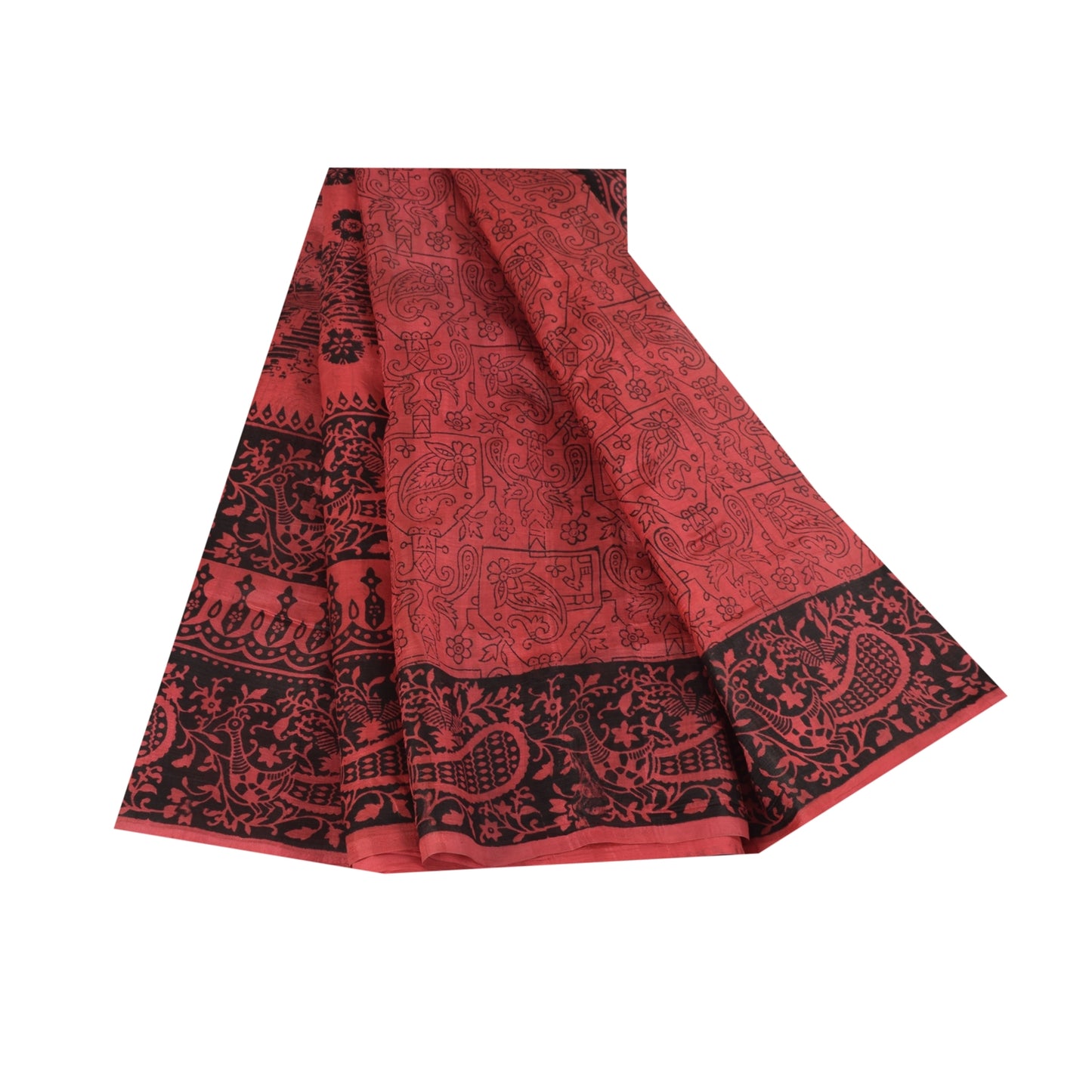 Sanskriti Vintage Sarees Blush Pink Pure Silk Peacock Printed Sari 5+yd Fabric