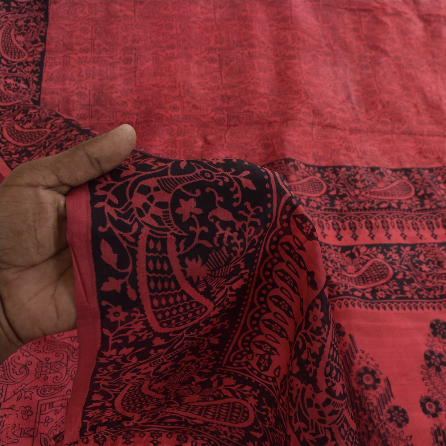 Sanskriti Vintage Sarees Blush Pink Pure Silk Peacock Printed Sari 5+yd Fabric