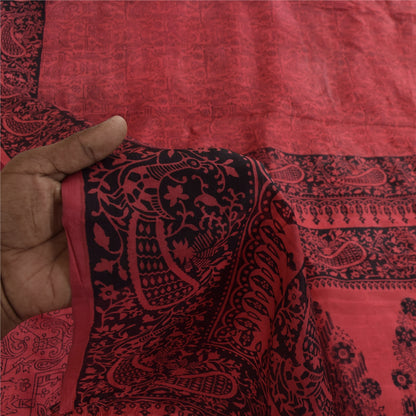 Sanskriti Vintage Sarees Blush Pink Pure Silk Peacock Printed Sari 5+yd Fabric
