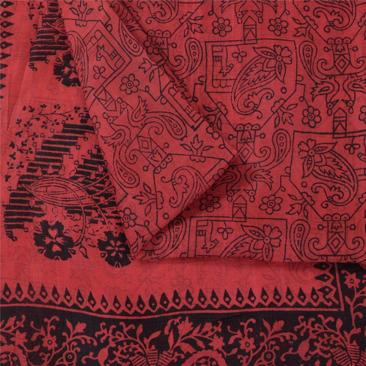 Sanskriti Vintage Sarees Blush Pink Pure Silk Peacock Printed Sari 5+yd Fabric