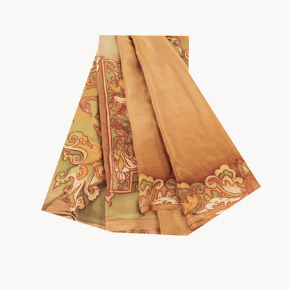 Sanskriti Vintage Sarees Orange Pure Silk Floral Printed Sari 6+yd Craft Fabric