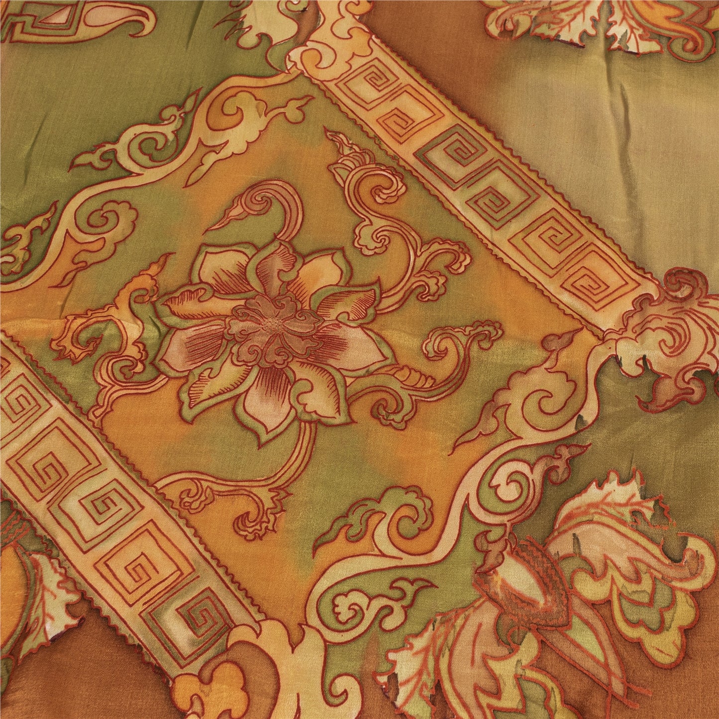 Sanskriti Vintage Sarees Orange Pure Silk Floral Printed Sari 6+yd Craft Fabric