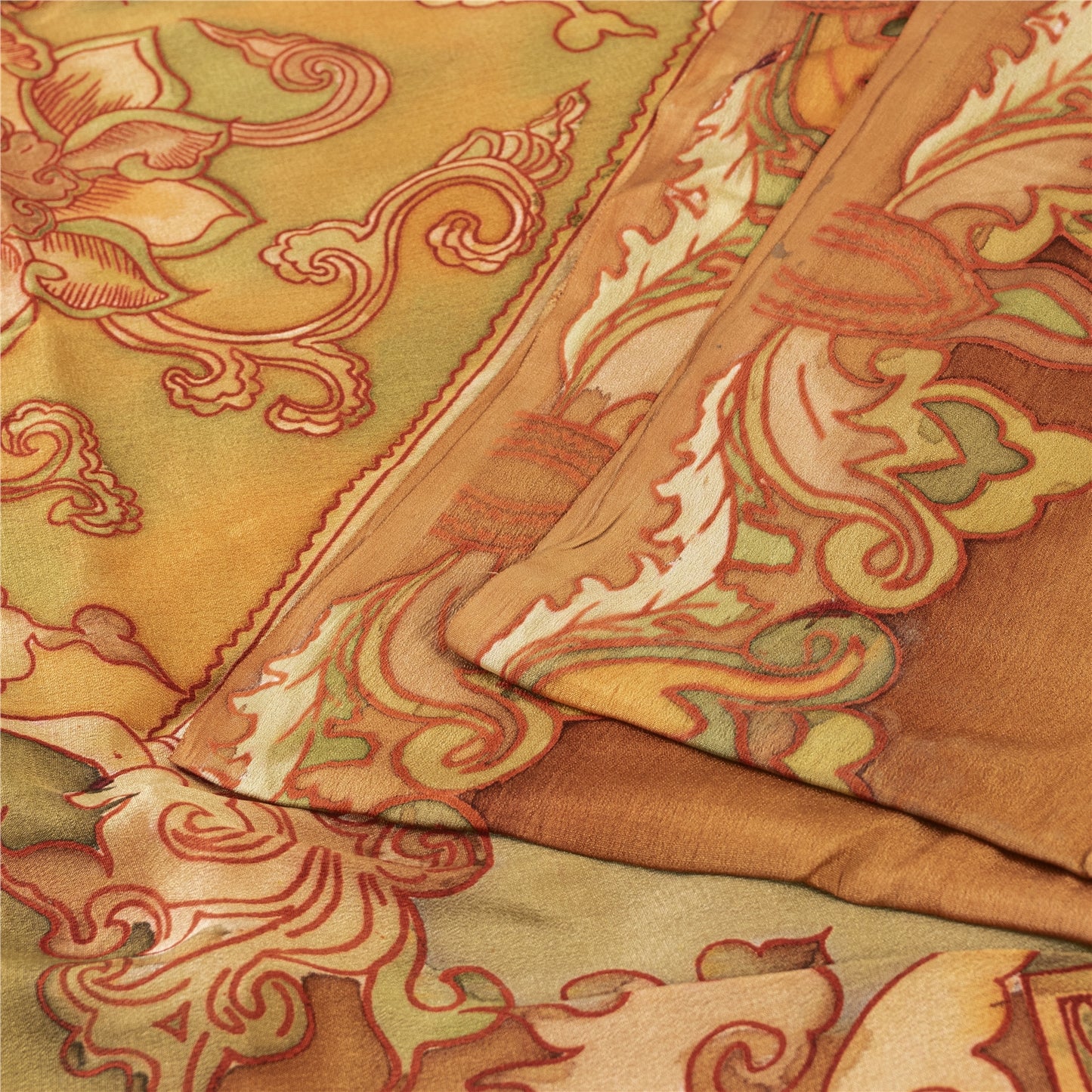 Sanskriti Vintage Sarees Orange Pure Silk Floral Printed Sari 6+yd Craft Fabric