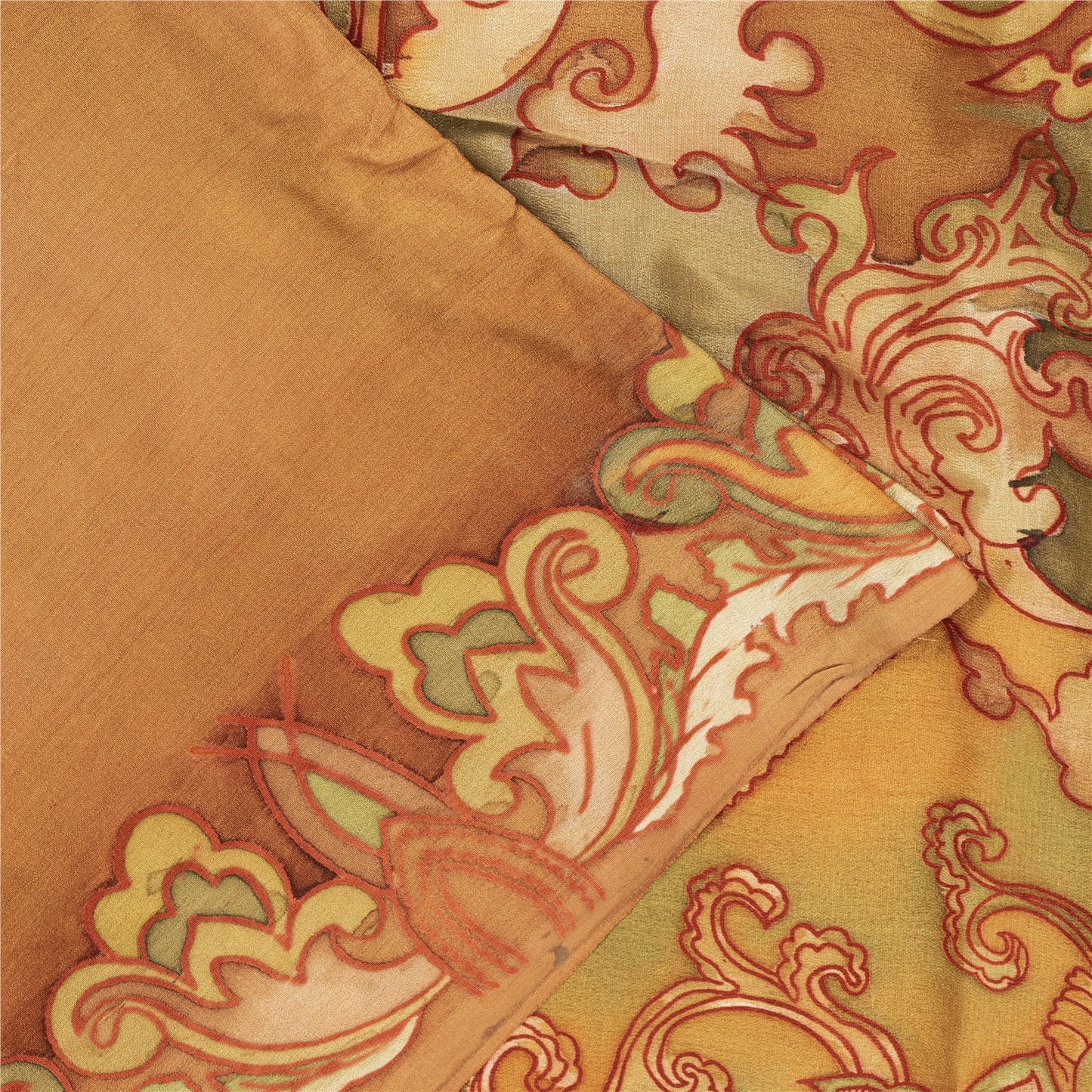 Sanskriti Vintage Sarees Orange Pure Silk Floral Printed Sari 6+yd Craft Fabric