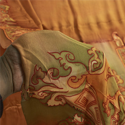 Sanskriti Vintage Sarees Orange Pure Silk Floral Printed Sari 6+yd Craft Fabric