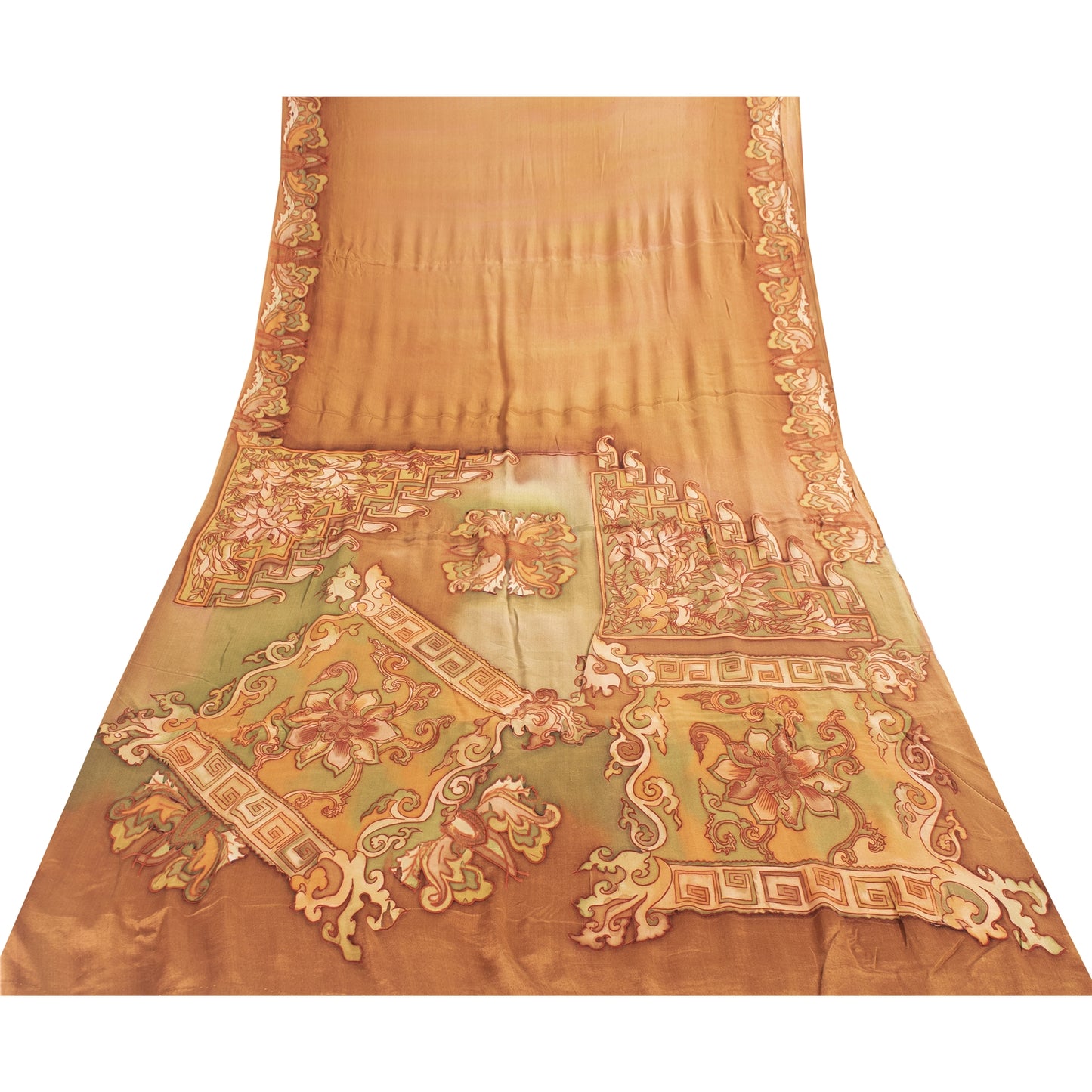 Sanskriti Vintage Sarees Orange Pure Silk Floral Printed Sari 6+yd Craft Fabric