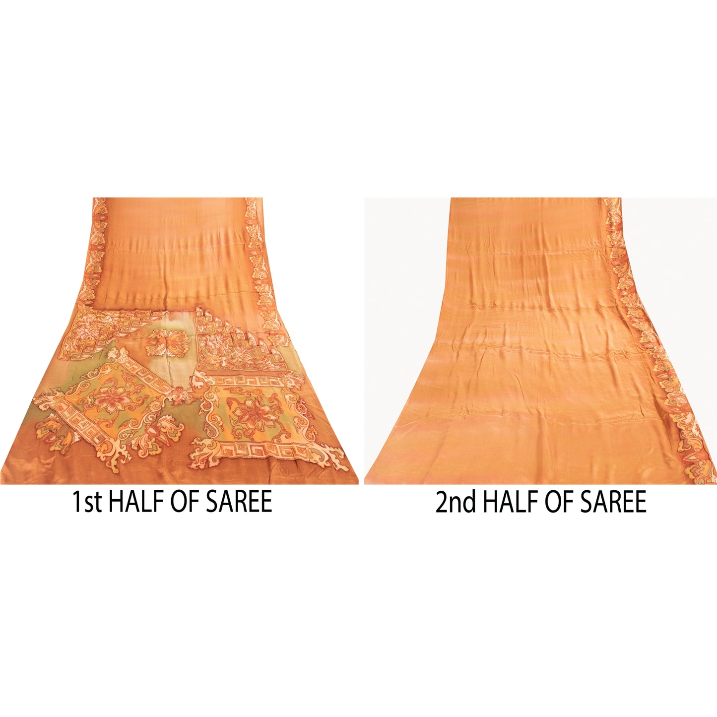 Sanskriti Vintage Sarees Orange Pure Silk Floral Printed Sari 6+yd Craft Fabric