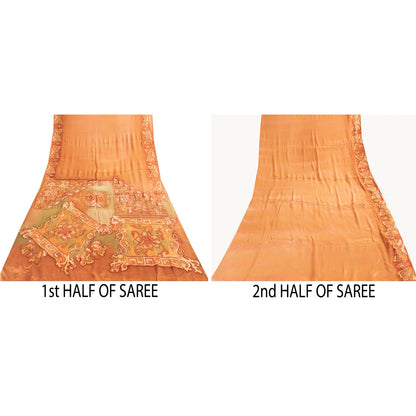 Sanskriti Vintage Sarees Orange Pure Silk Floral Printed Sari 6+yd Craft Fabric