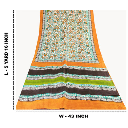 Sanskriti Vintage Sarees Ivory Pure Silk Floral Printed Sari 5+yd Craft Fabric