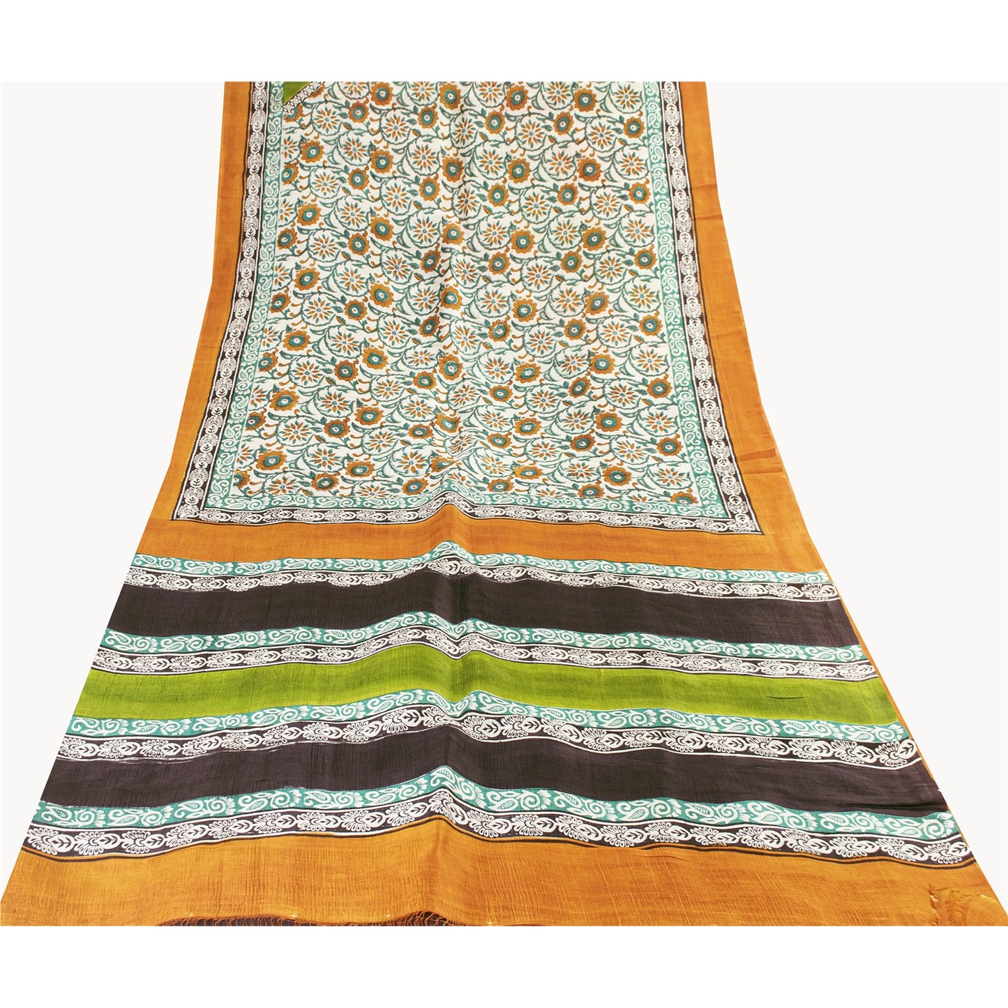 Sanskriti Vintage Sarees Ivory Pure Silk Floral Printed Sari 5+yd Craft Fabric