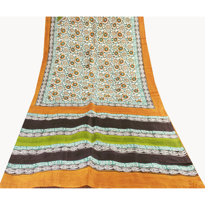 Sanskriti Vintage Sarees Ivory Pure Silk Floral Printed Sari 5+yd Craft Fabric