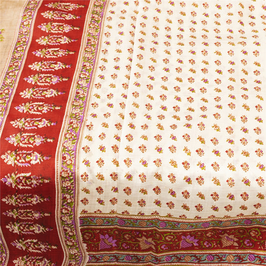 Sanskriti Vintage Sarees Ivory Indian Pure Silk Printed Sari 5+yd Craft Fabric