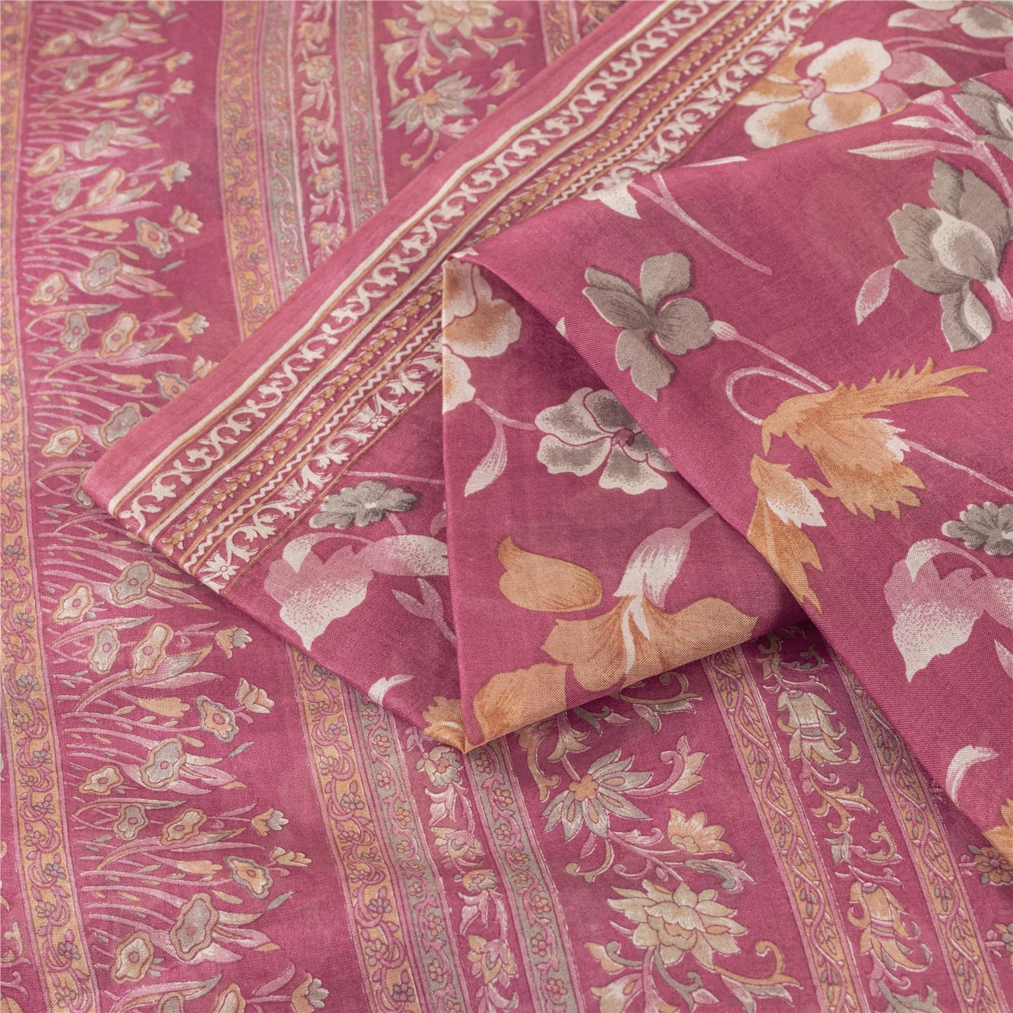 Sanskriti Vintage Sarees Pink Pure Silk Floral Printed Sari 5+yd Craft Fabric