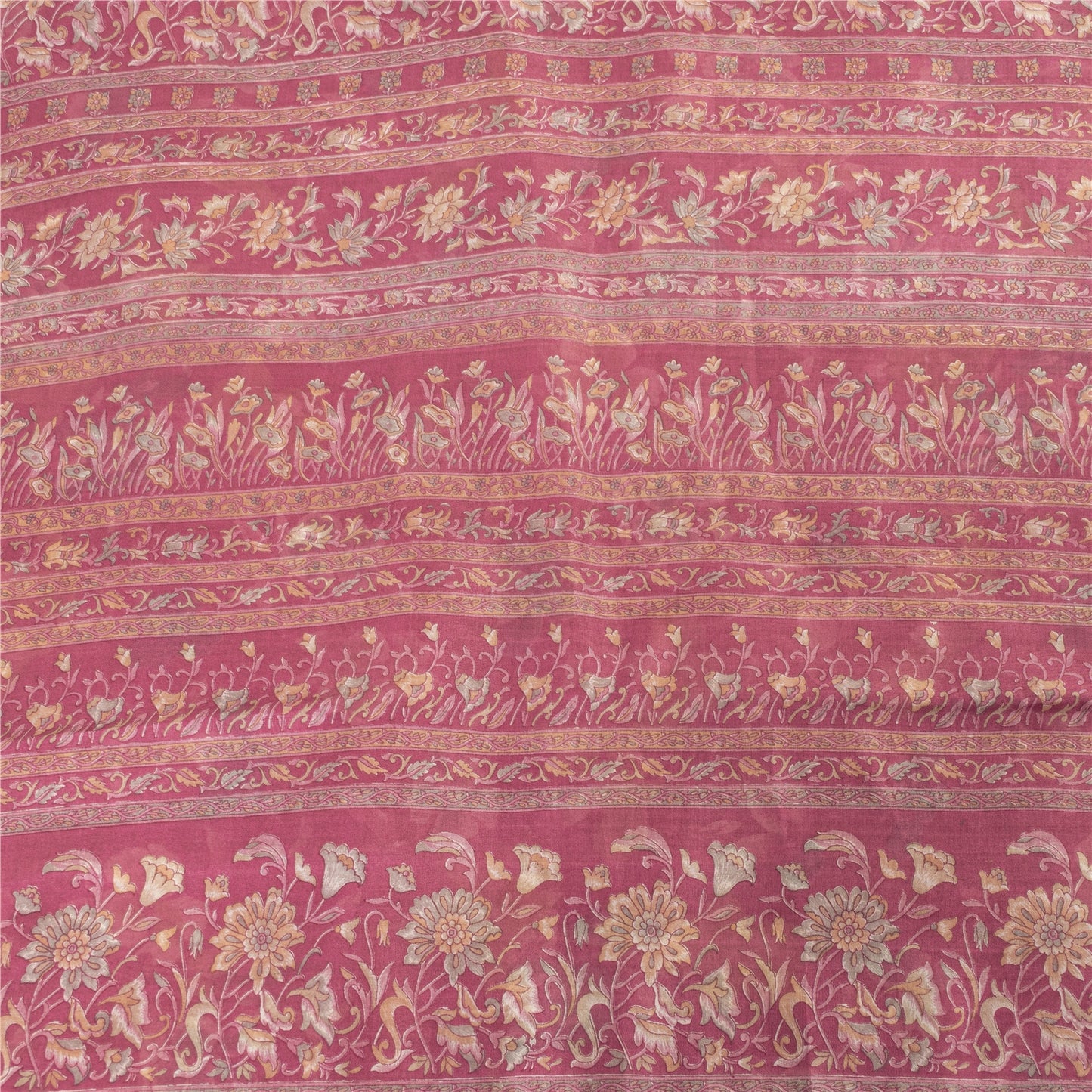 Sanskriti Vintage Sarees Pink Pure Silk Floral Printed Sari 5+yd Craft Fabric