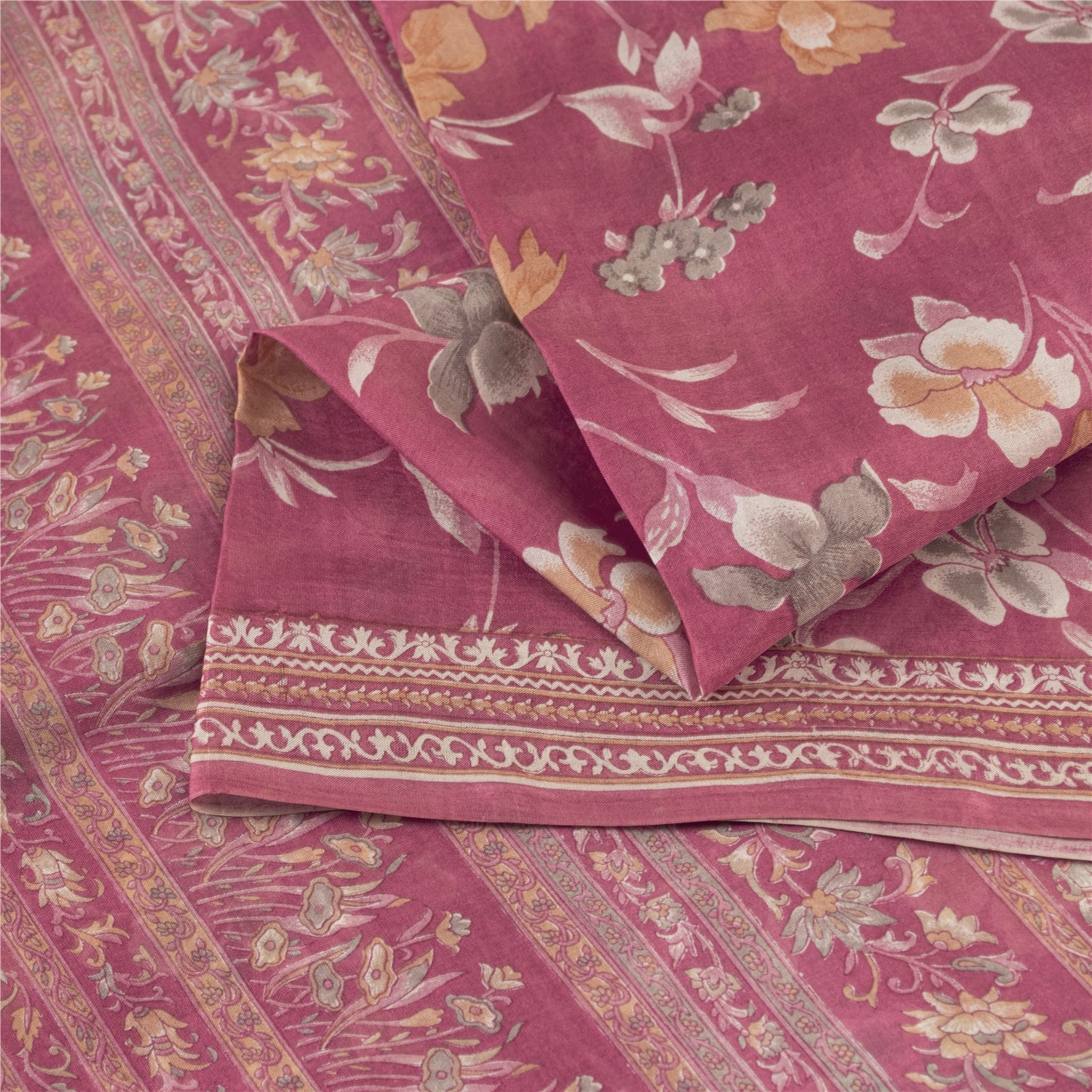 Sanskriti Vintage Sarees Pink Pure Silk Floral Printed Sari 5+yd Craft Fabric