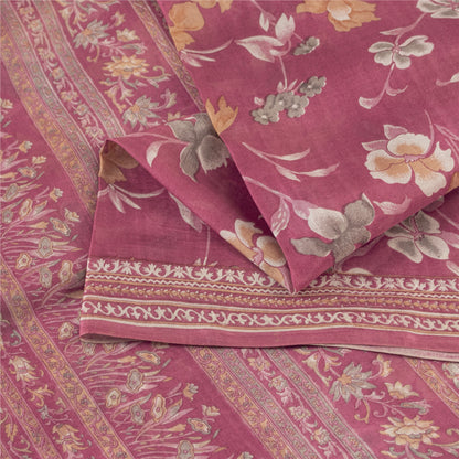 Sanskriti Vintage Sarees Pink Pure Silk Floral Printed Sari 5+yd Craft Fabric