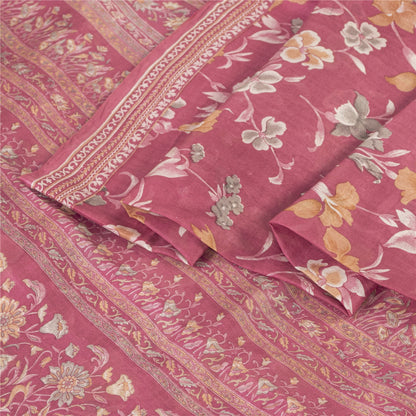 Sanskriti Vintage Sarees Pink Pure Silk Floral Printed Sari 5+yd Craft Fabric