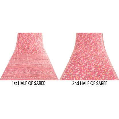 Sanskriti Vintage Sarees Pink Pure Silk Floral Printed Sari 5+yd Craft Fabric