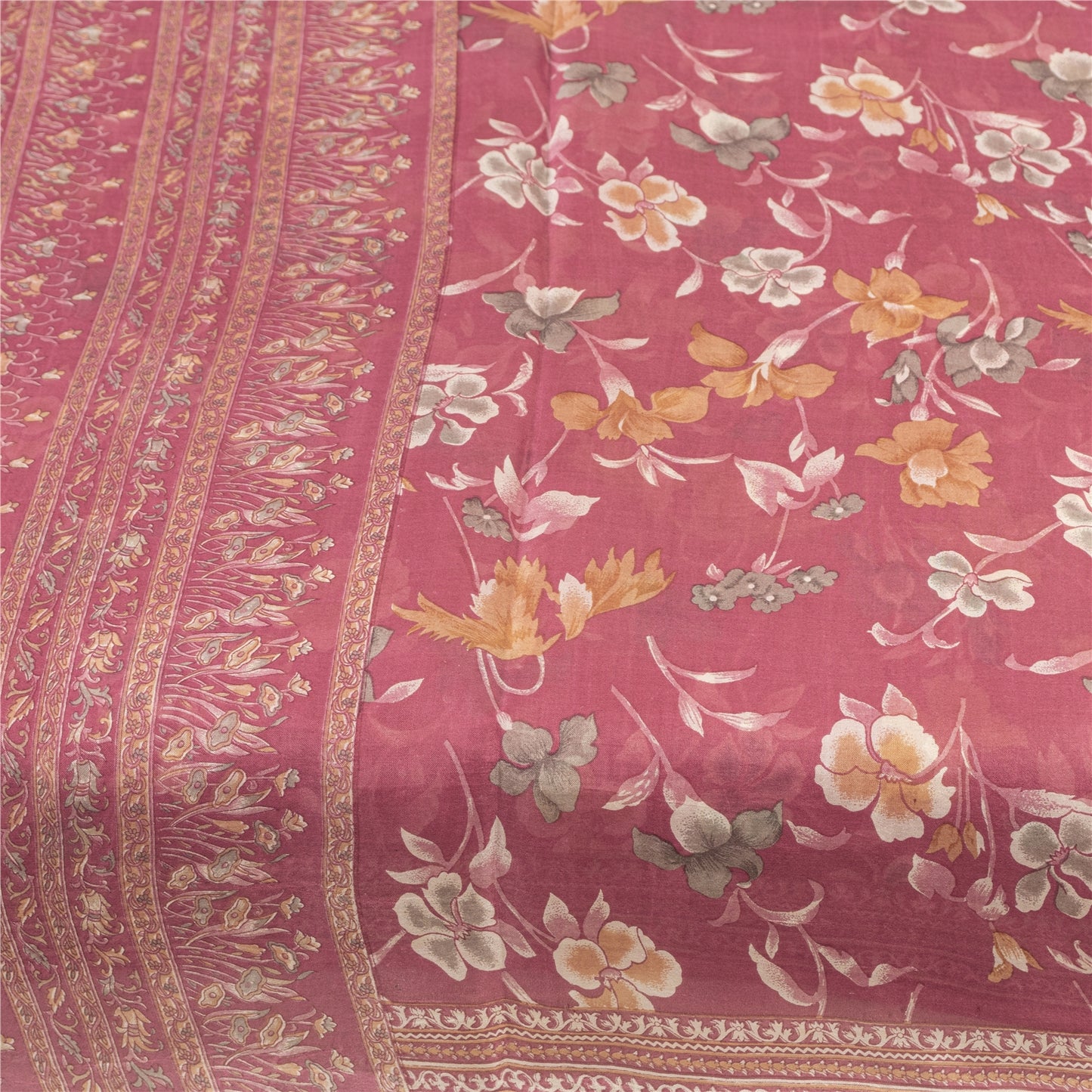 Sanskriti Vintage Sarees Pink Pure Silk Floral Printed Sari 5+yd Craft Fabric