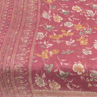 Sanskriti Vintage Sarees Pink Pure Silk Floral Printed Sari 5+yd Craft Fabric