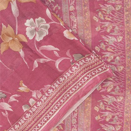Sanskriti Vintage Sarees Pink Pure Silk Floral Printed Sari 5+yd Craft Fabric