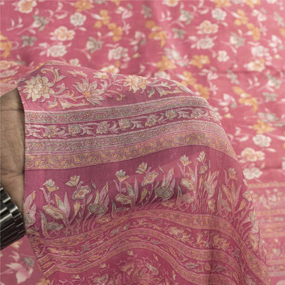 Sanskriti Vintage Sarees Pink Pure Silk Floral Printed Sari 5+yd Craft Fabric
