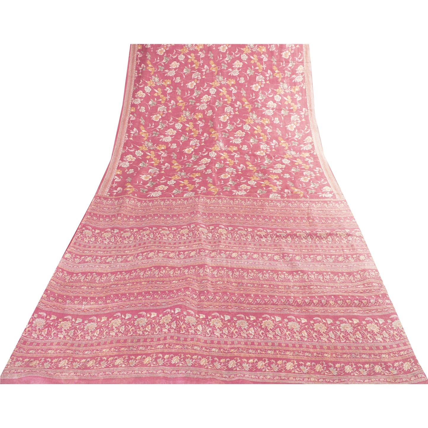 Sanskriti Vintage Sarees Pink Pure Silk Floral Printed Sari 5+yd Craft Fabric