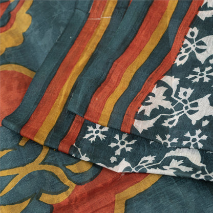 Sanskriti Vintage Sarees Green Indian Pure Silk Printed Sari 5+yd Craft Fabric