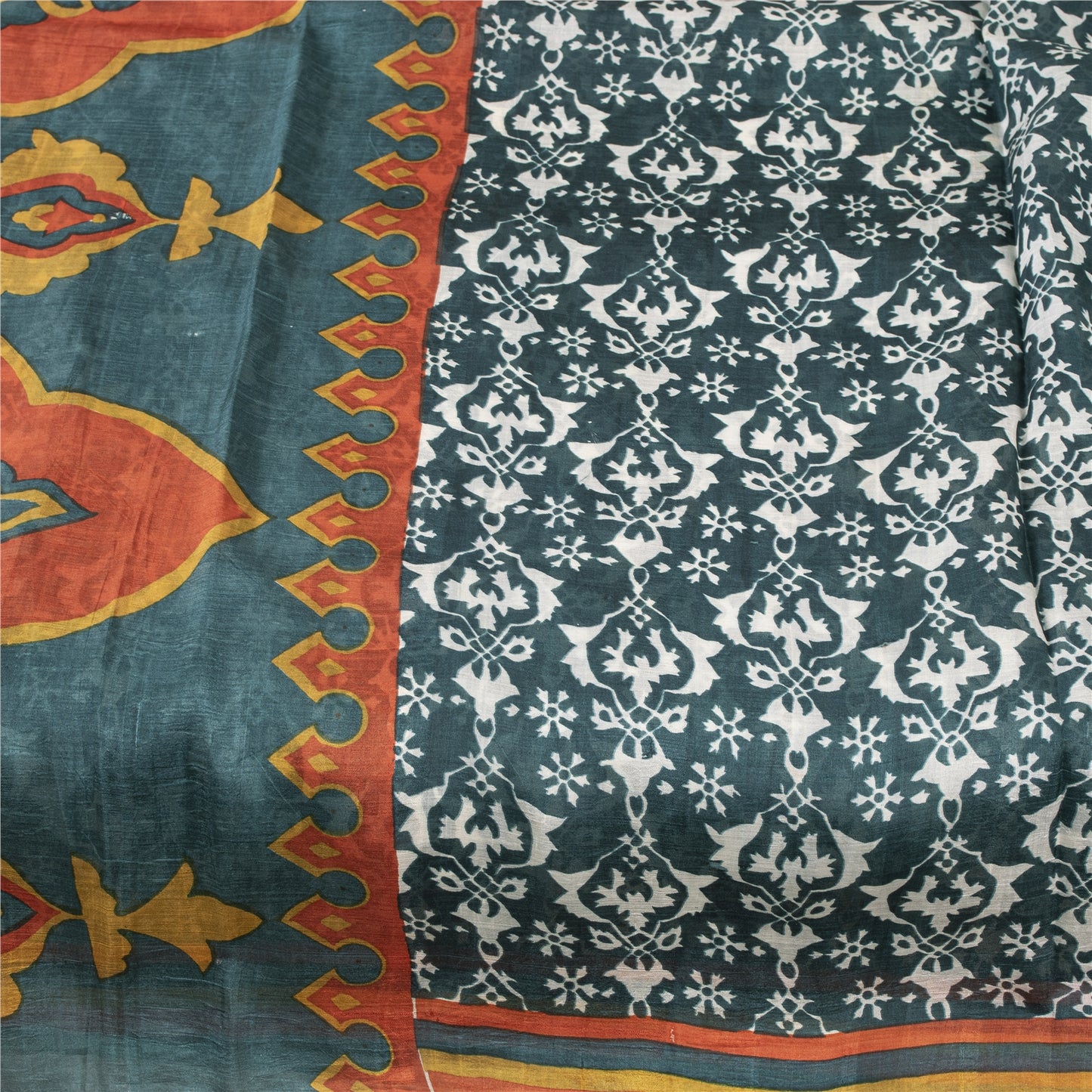 Sanskriti Vintage Sarees Green Indian Pure Silk Printed Sari 5+yd Craft Fabric