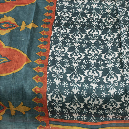 Sanskriti Vintage Sarees Green Indian Pure Silk Printed Sari 5+yd Craft Fabric