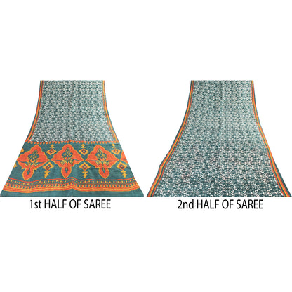 Sanskriti Vintage Sarees Green Indian Pure Silk Printed Sari 5+yd Craft Fabric