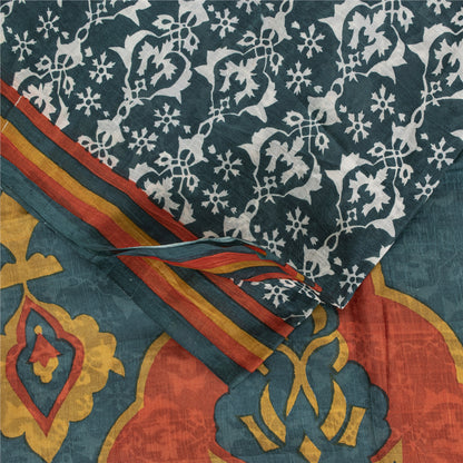 Sanskriti Vintage Sarees Green Indian Pure Silk Printed Sari 5+yd Craft Fabric