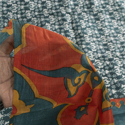Sanskriti Vintage Sarees Green Indian Pure Silk Printed Sari 5+yd Craft Fabric
