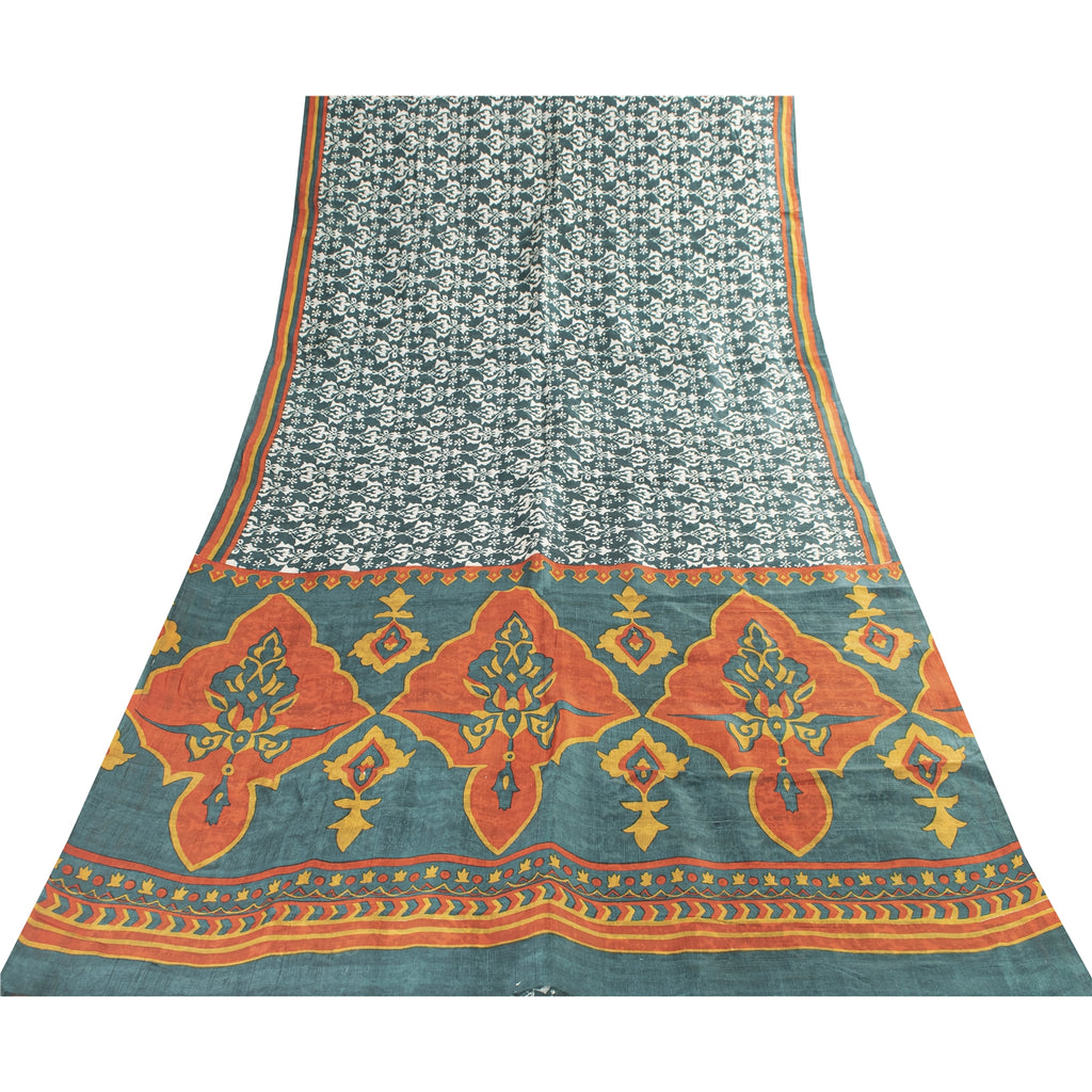 Sanskriti Vintage Sarees Green Indian Pure Silk Printed Sari 5+yd Craft Fabric