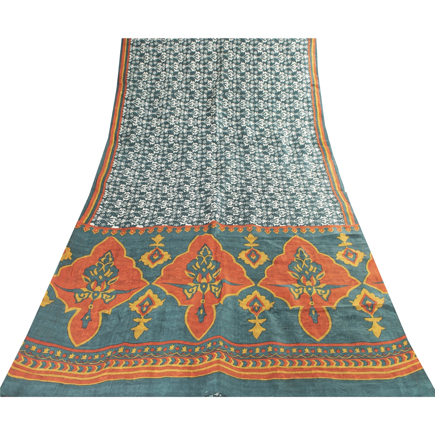 Sanskriti Vintage Sarees Green Indian Pure Silk Printed Sari 5+yd Craft Fabric