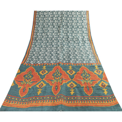 Sanskriti Vintage Sarees Green Indian Pure Silk Printed Sari 5+yd Craft Fabric