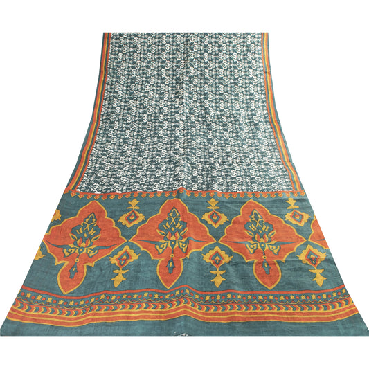 Sanskriti Vintage Sarees Green Indian Pure Silk Printed Sari 5+yd Craft Fabric