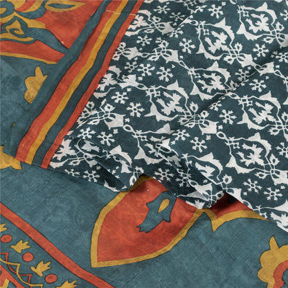 Sanskriti Vintage Sarees Green Indian Pure Silk Printed Sari 5+yd Craft Fabric