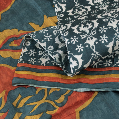Sanskriti Vintage Sarees Green Indian Pure Silk Printed Sari 5+yd Craft Fabric