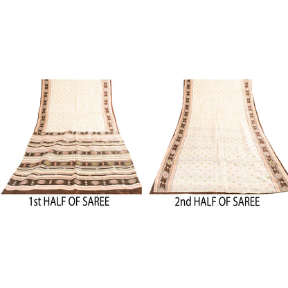 Sanskriti Vintage Sarees Ivory Indian Pure Silk Printed Sari 6yd Craft Fabric