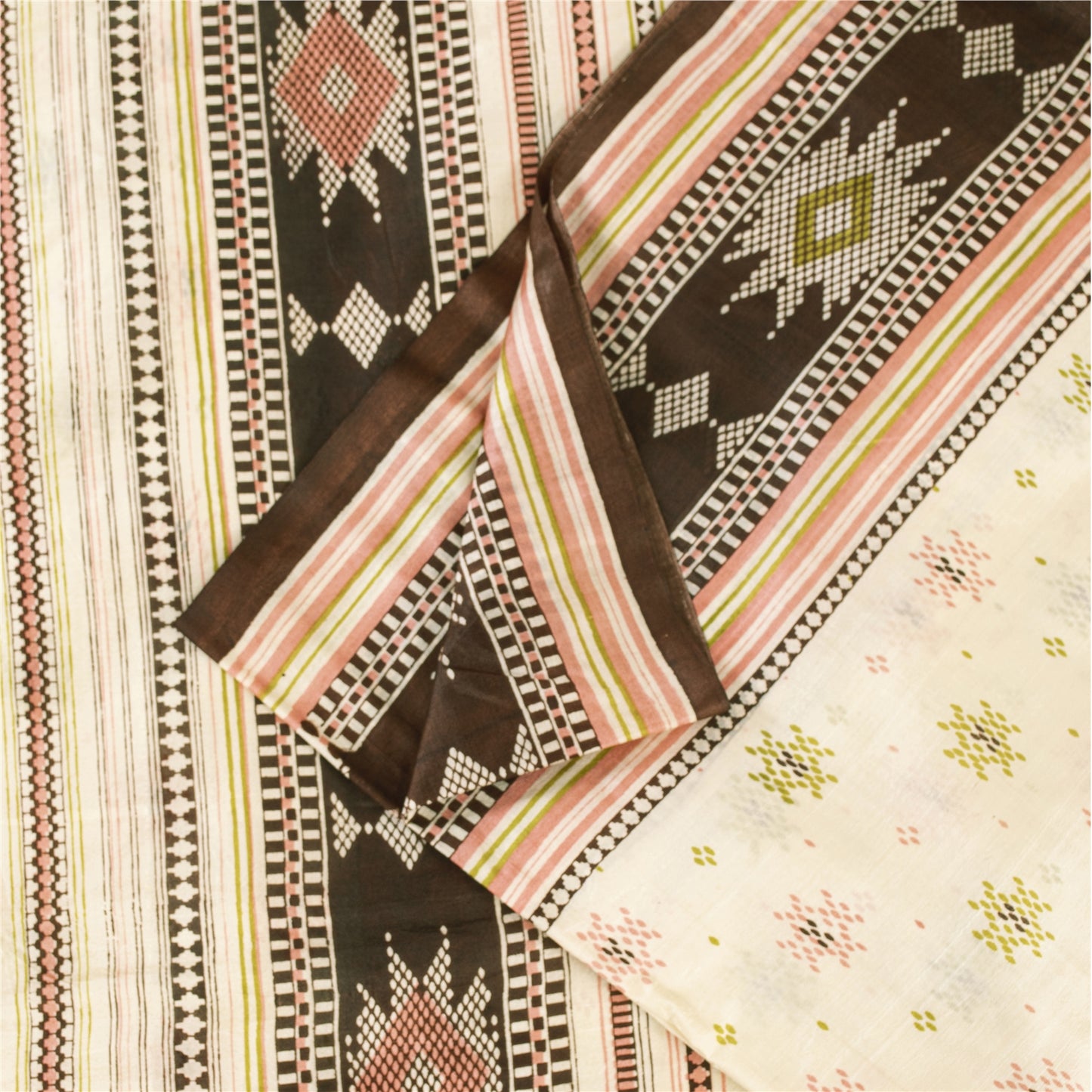 Sanskriti Vintage Sarees Ivory Indian Pure Silk Printed Sari 6yd Craft Fabric