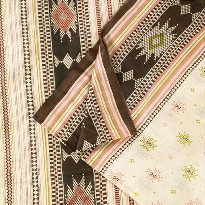 Sanskriti Vintage Sarees Ivory Indian Pure Silk Printed Sari 6yd Craft Fabric