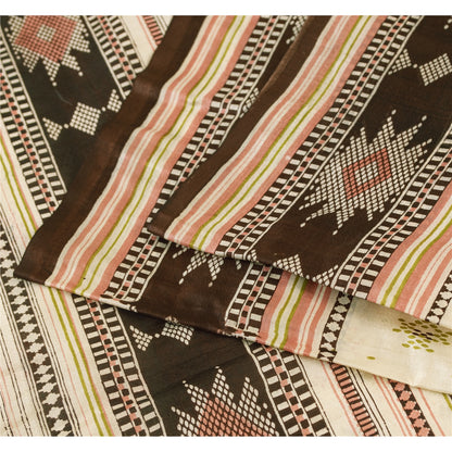 Sanskriti Vintage Sarees Ivory Indian Pure Silk Printed Sari 6yd Craft Fabric
